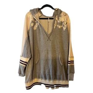 Free People Varsity Embellished Pullover Hoodie Sz M Boho Athlete Fairy Oversize